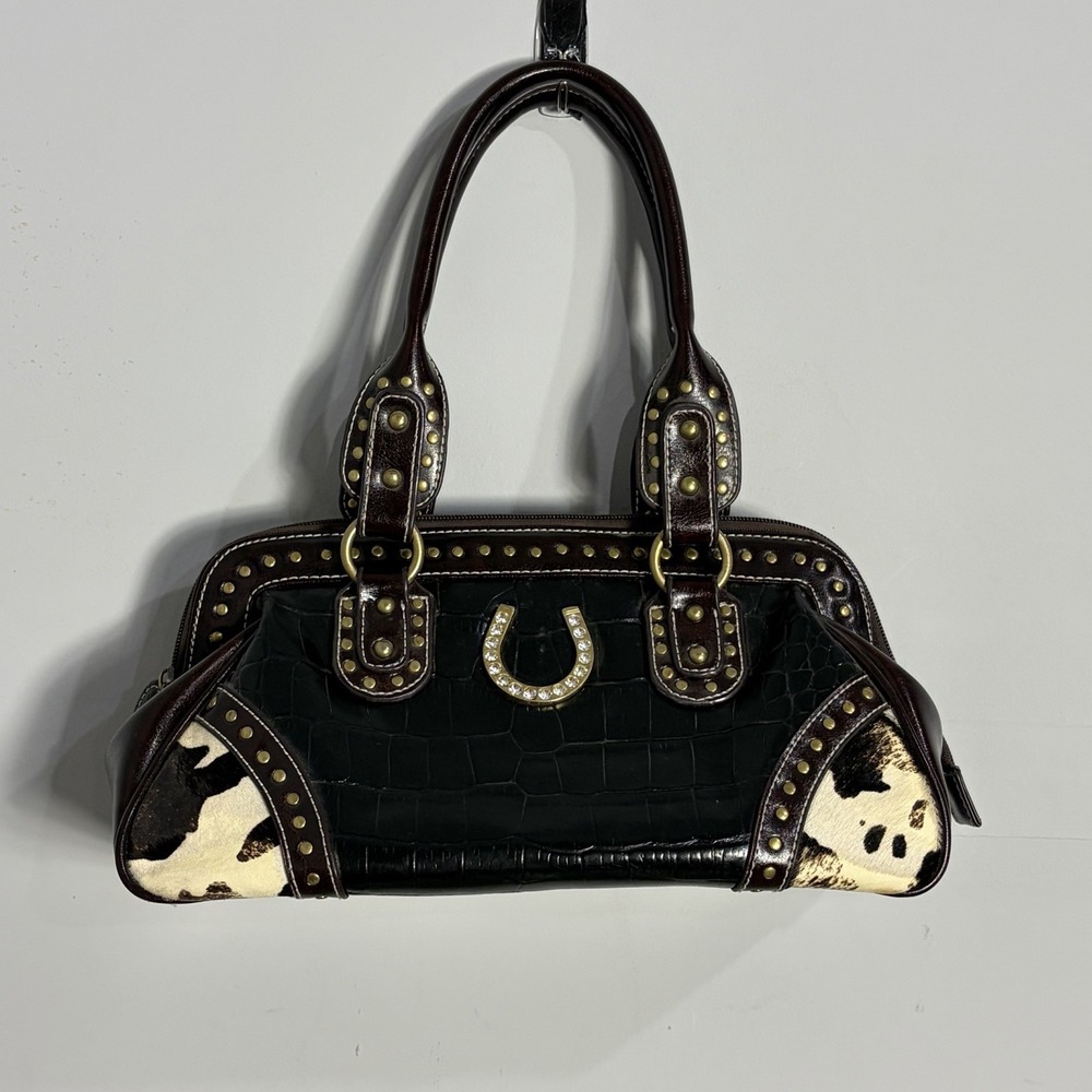 Vintage Y2K Western Horseshoe Purse Studded Croc Cowhide Fur Satchel Bag Bling
